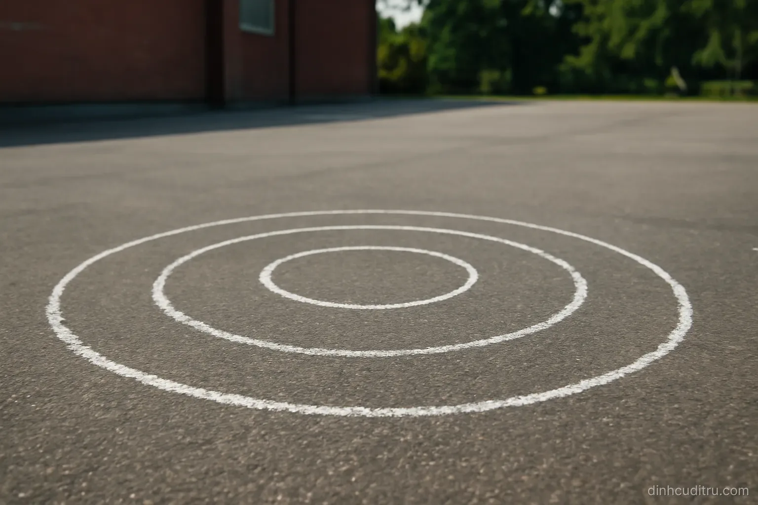 a set of three concentric circles drawn in white chalk on a wide paved schoolyard