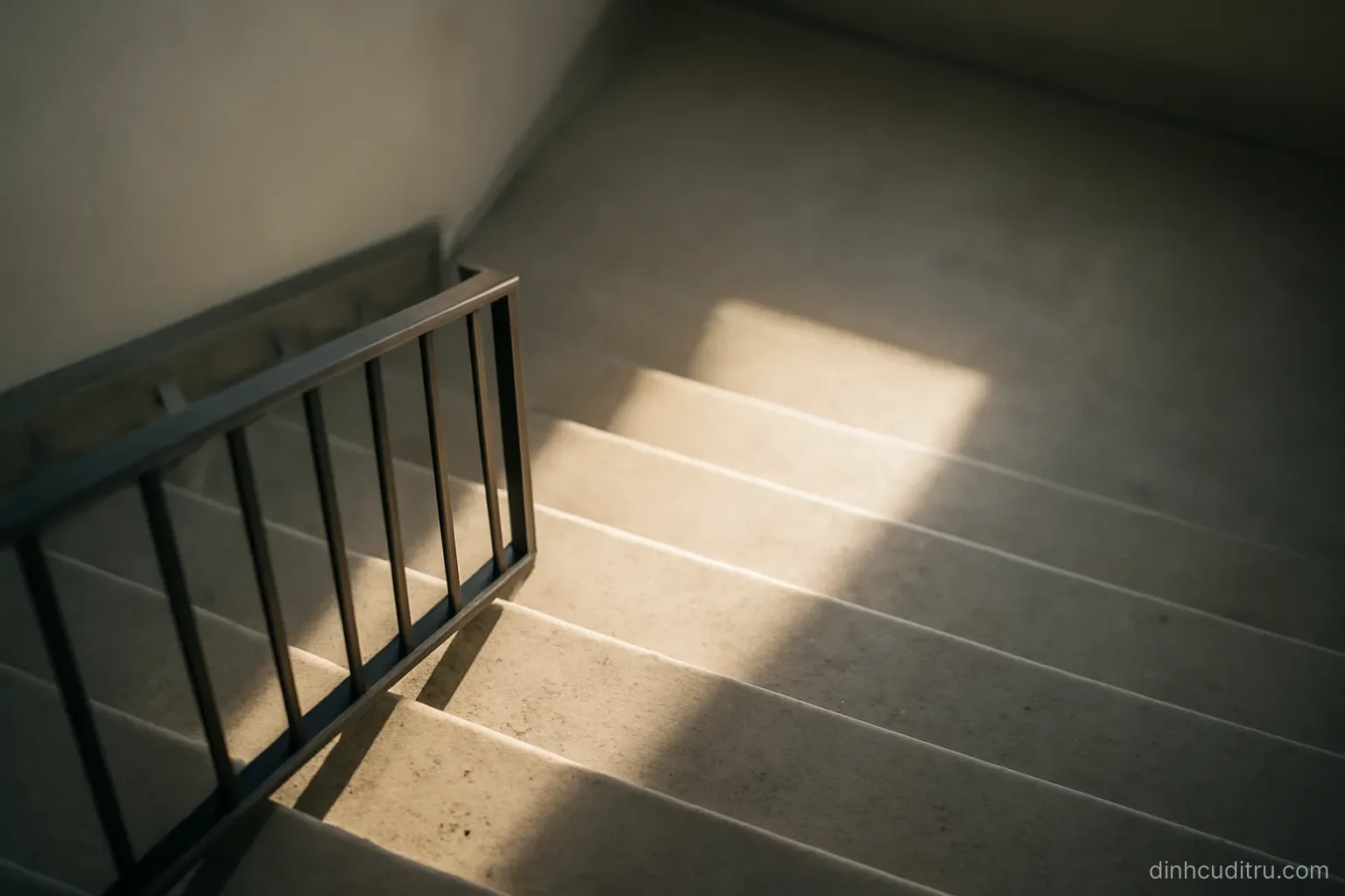 a staircase seen from above with one step in shadow and the others lit