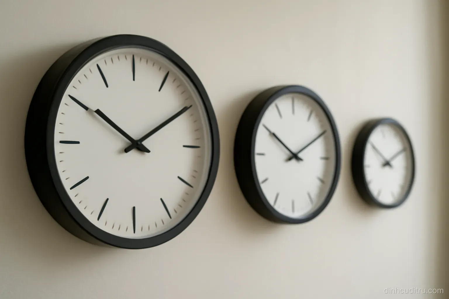 three round wall clocks of different sizes hanging in a row on a pale wall, their hands pointing to visibly different positions