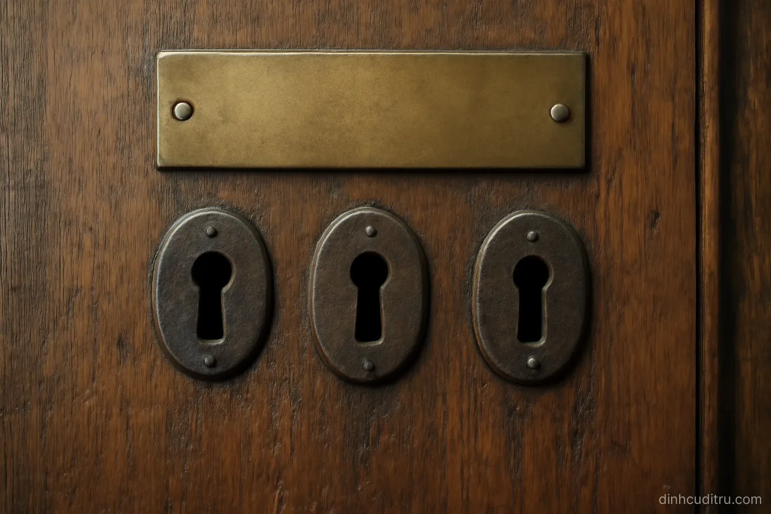 three separate keyholes on one heavy wooden door with a brass plate above them