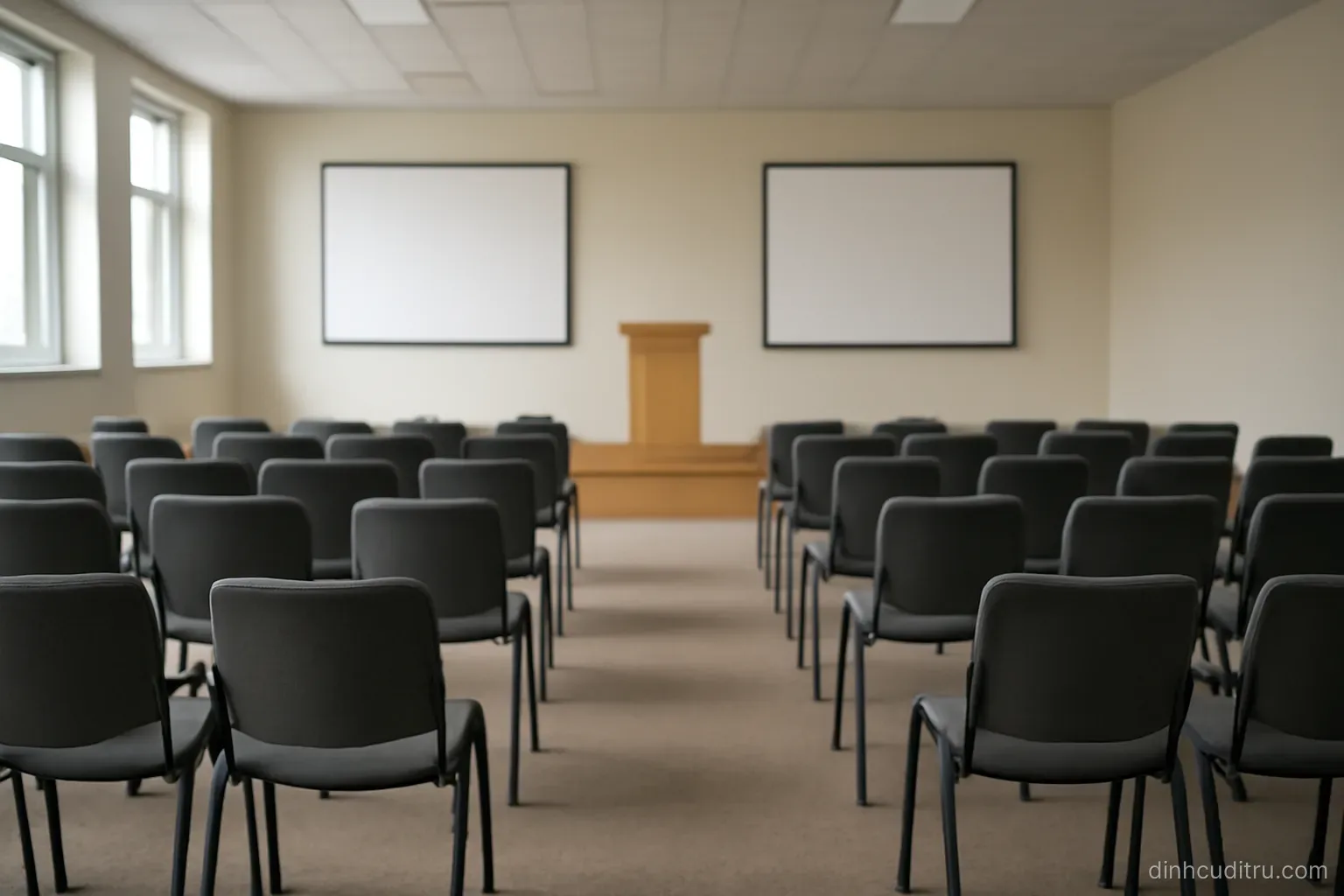 a plain ceremonial hall with rows of empty chairs facing a small raised platform