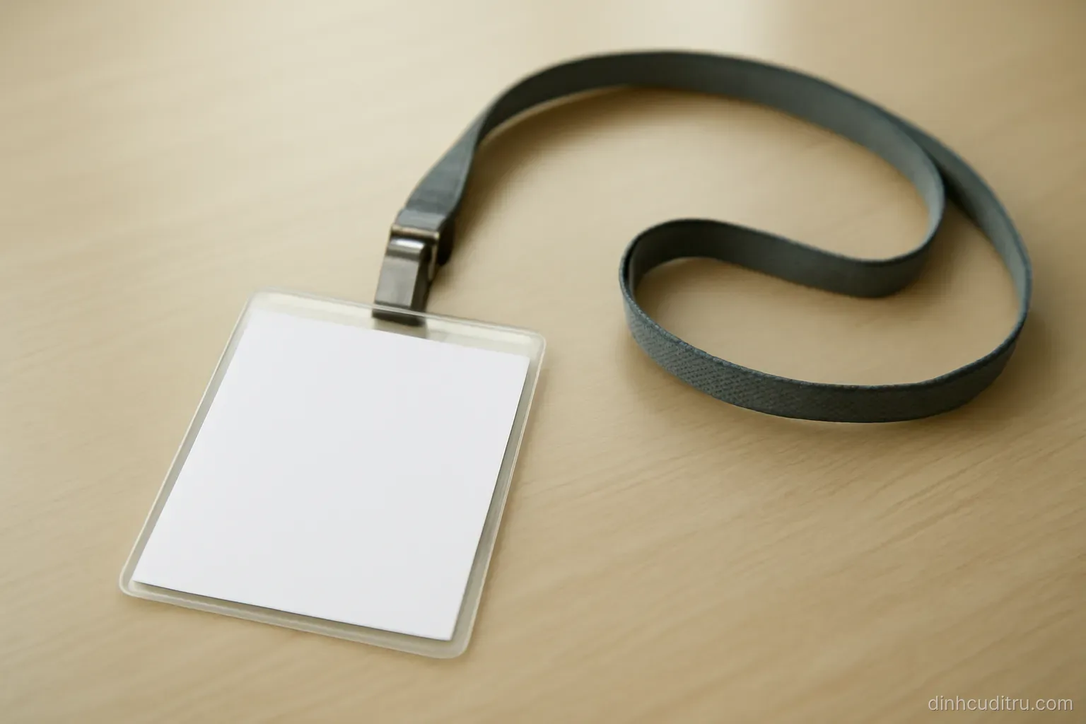 a temporary paper badge clipped to a lanyard lying on a plain office desk