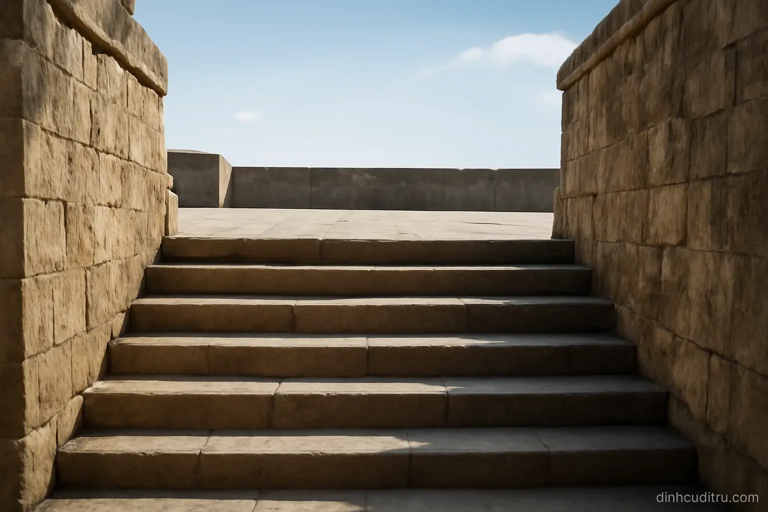 a final step at the top of a stone staircase leading onto a flat open terrace