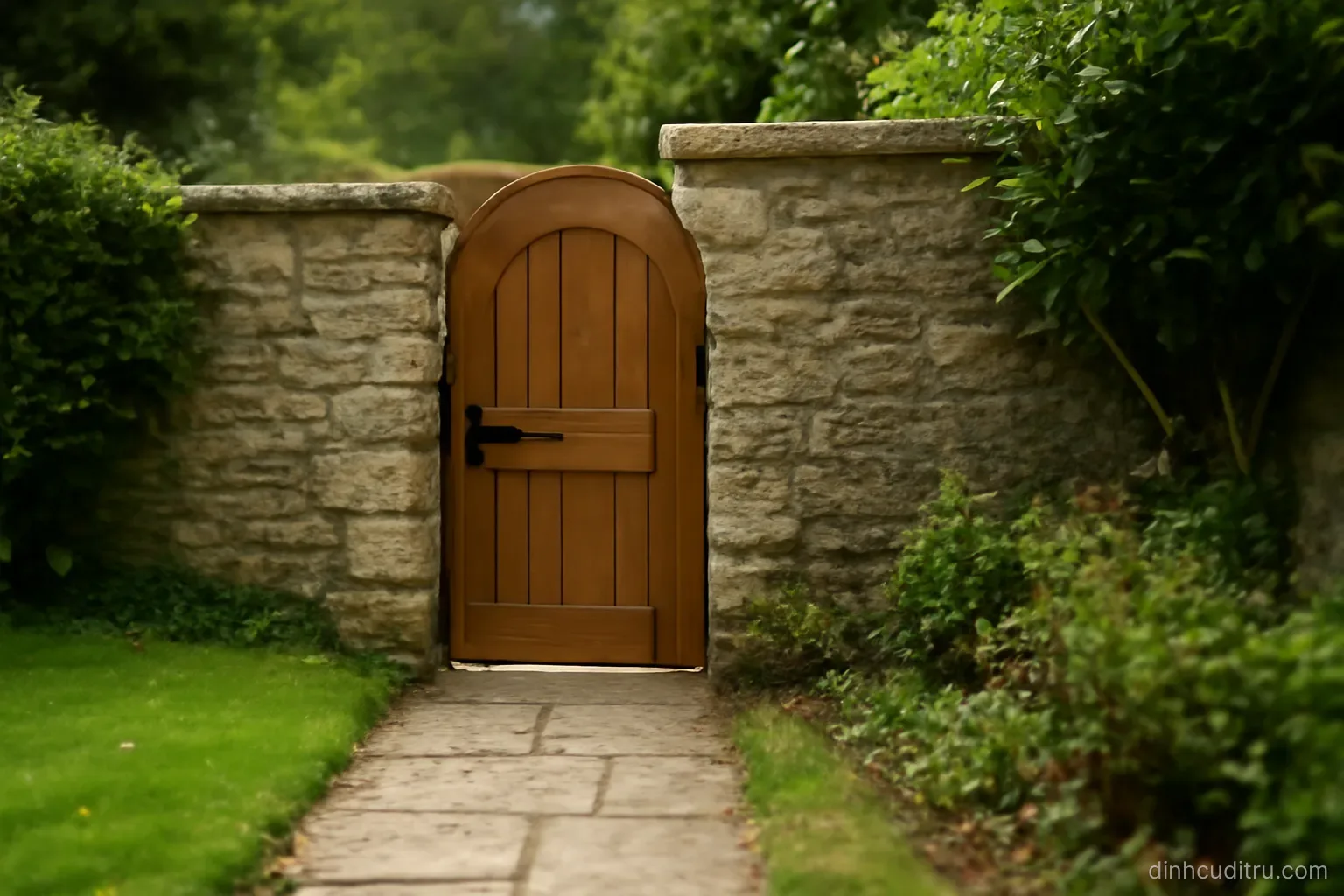 a separate small side gate in a garden wall next to the main entrance path