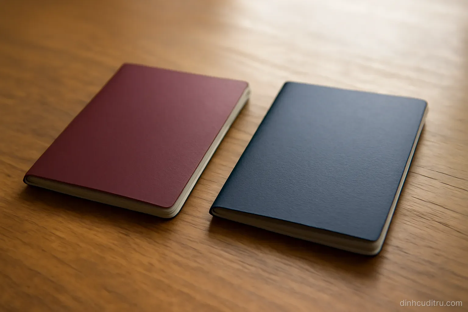 two passports of different colours lying closed and slightly apart on a wooden surface