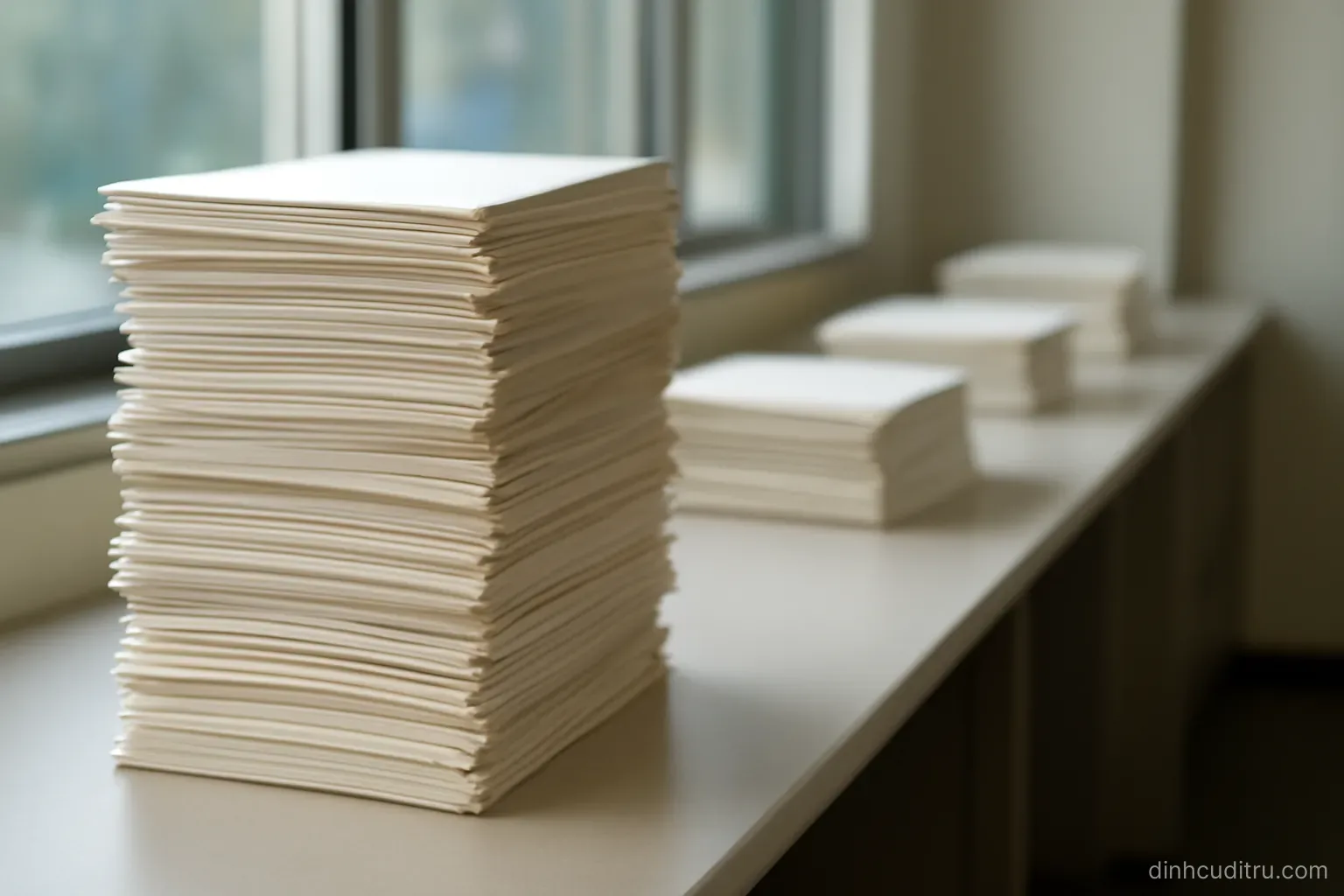 a queue of blank paper folders stacked unevenly on a long office counter, the nearest stack much taller than the rest