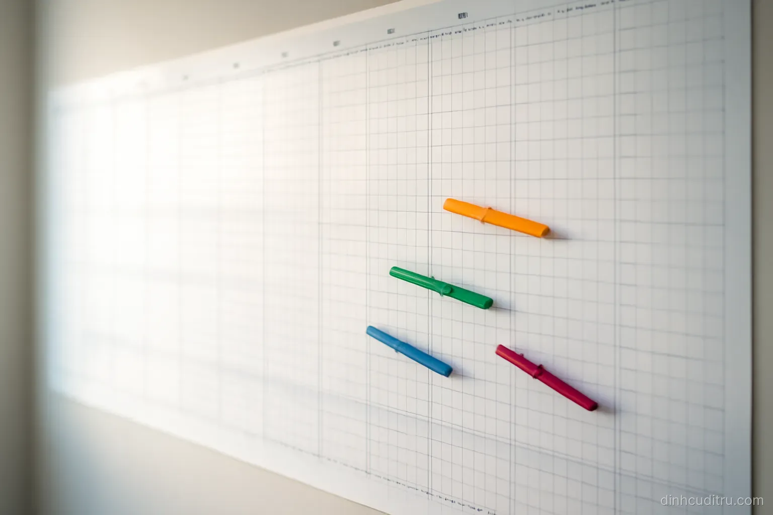 a long wall planner covering several years with a few coloured markers placed on it