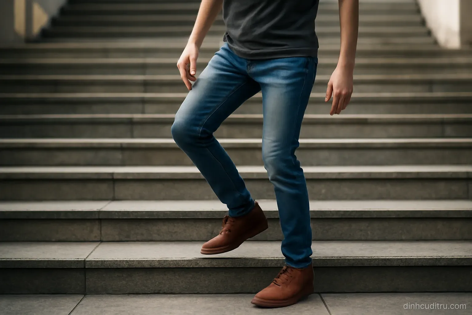 a person standing on the middle step of a wide staircase and stepping sideways onto an adjacent step at the same height