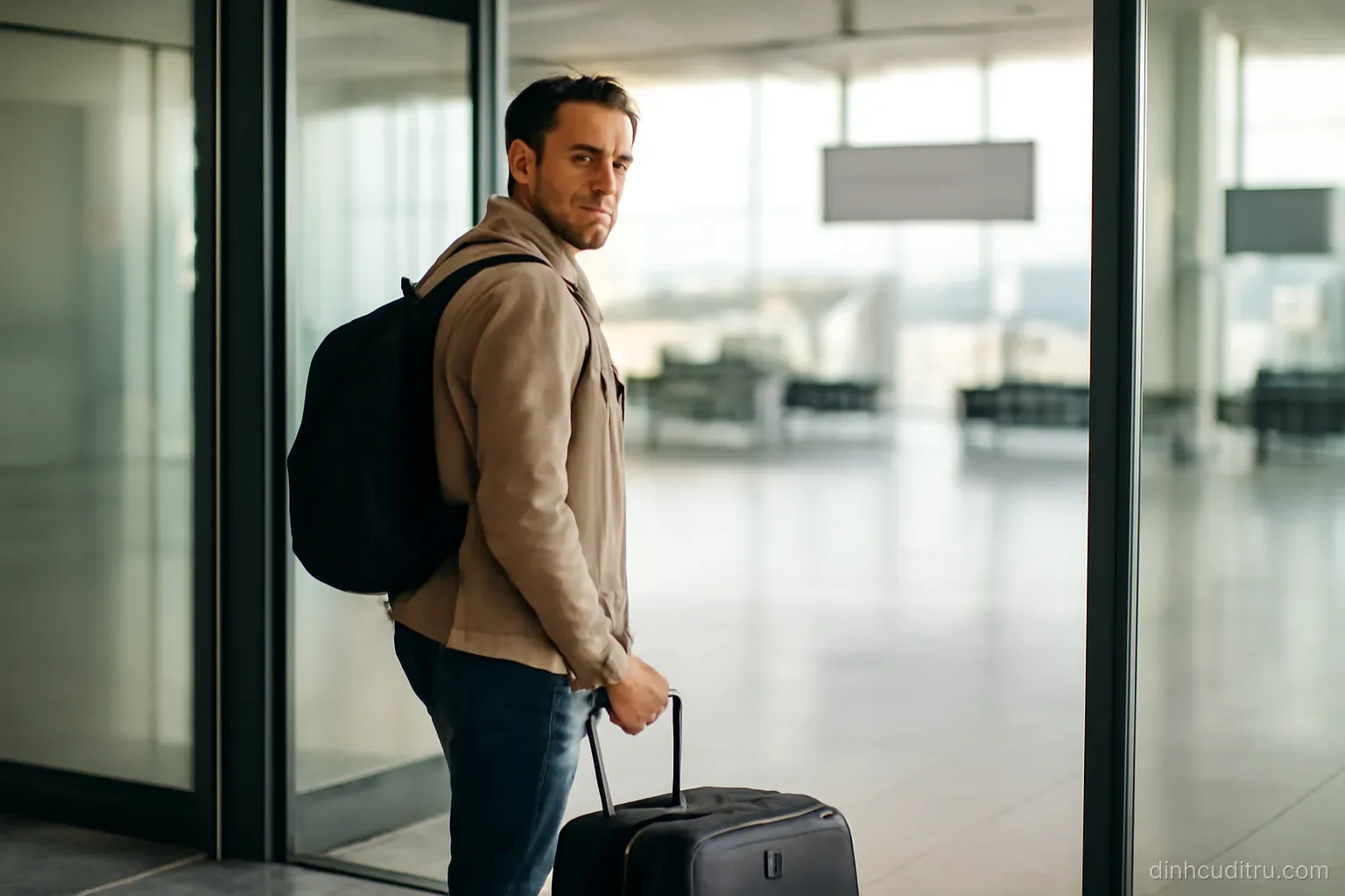 a traveller with a suitcase pausing at an airport departure hall doorway, looking back over the shoulder toward the terminal