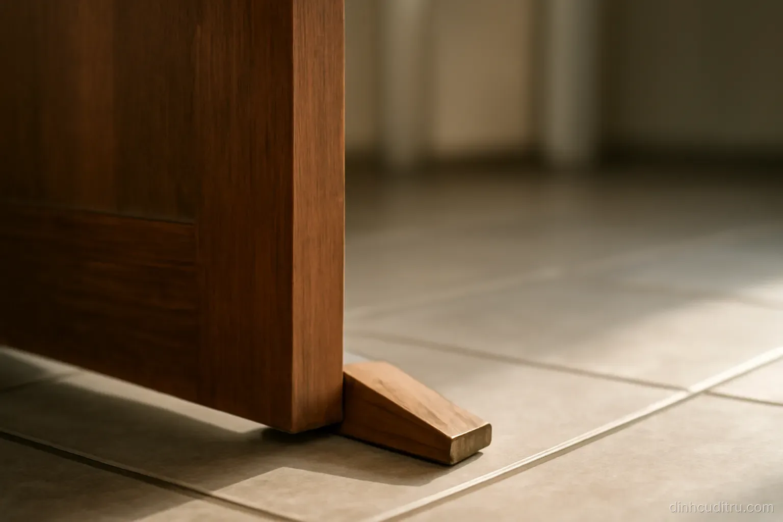 a door held slightly ajar by a small wooden wedge on a tiled floor