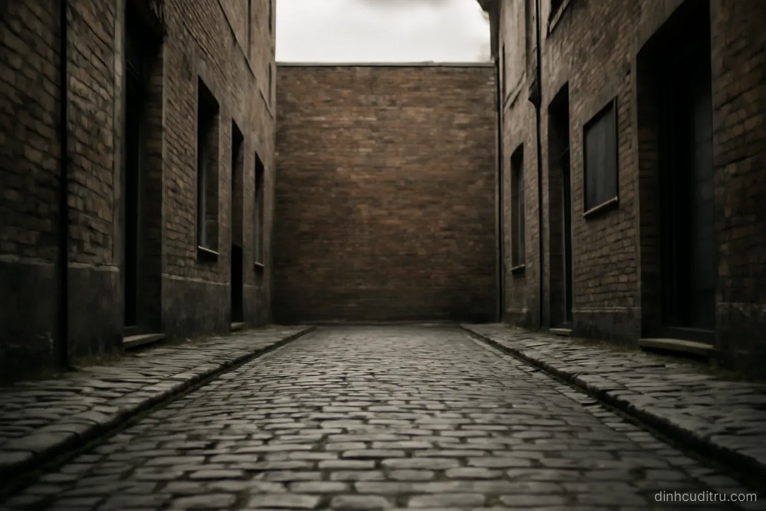 a narrow cobblestone alley ending abruptly at a tall blank brick wall, seen from a low angle in overcast daylight