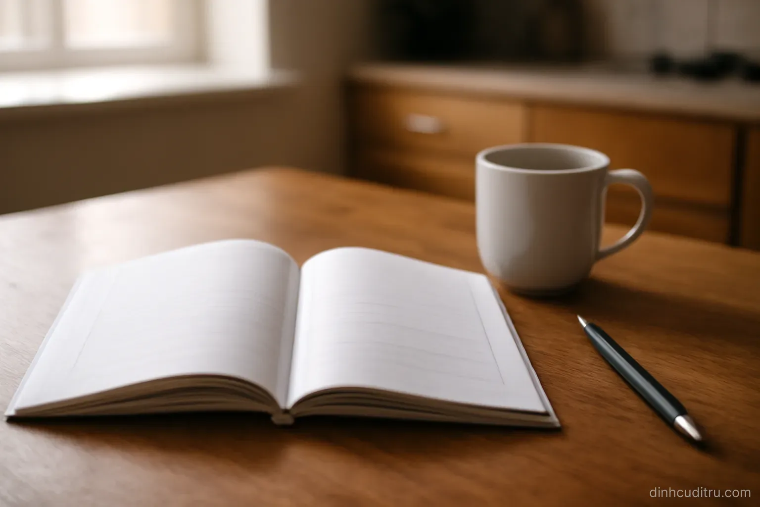 an open language workbook on a kitchen table with a mug and a pen resting beside it