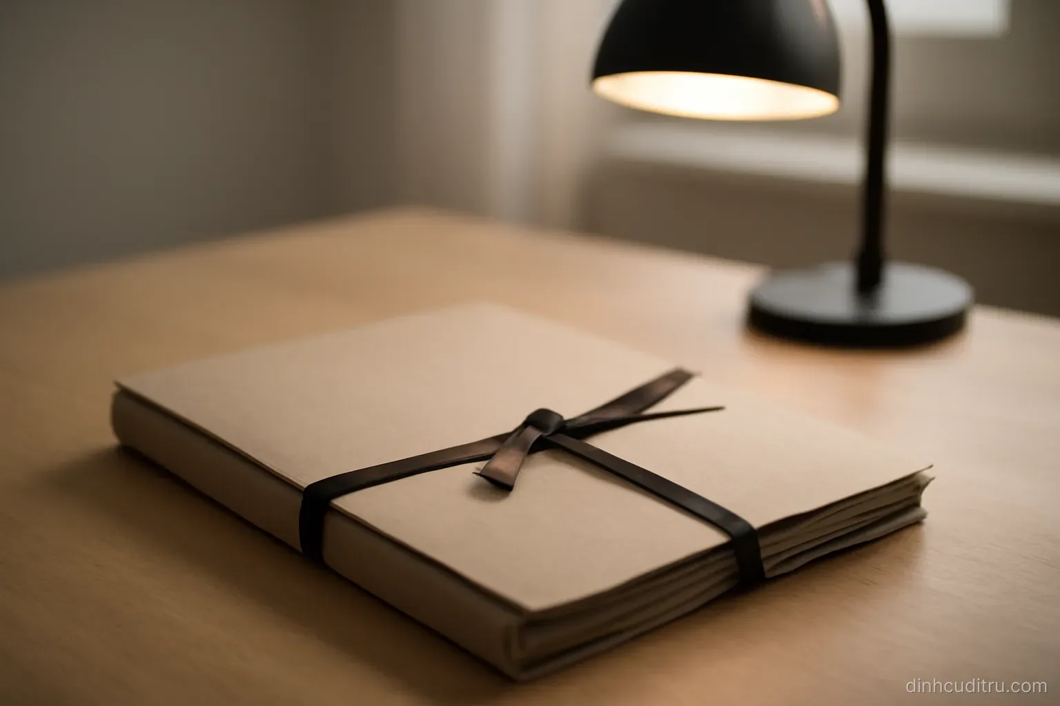 a closed personnel file with a ribbon tie sitting on a clean desk under a lamp
