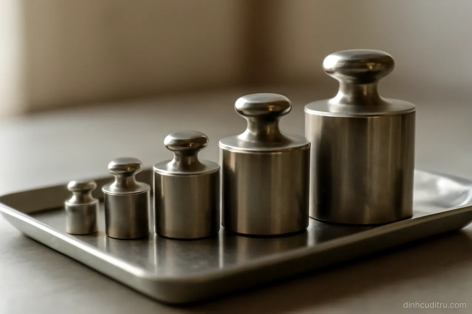 a set of measuring weights arranged from small to large on a metal tray