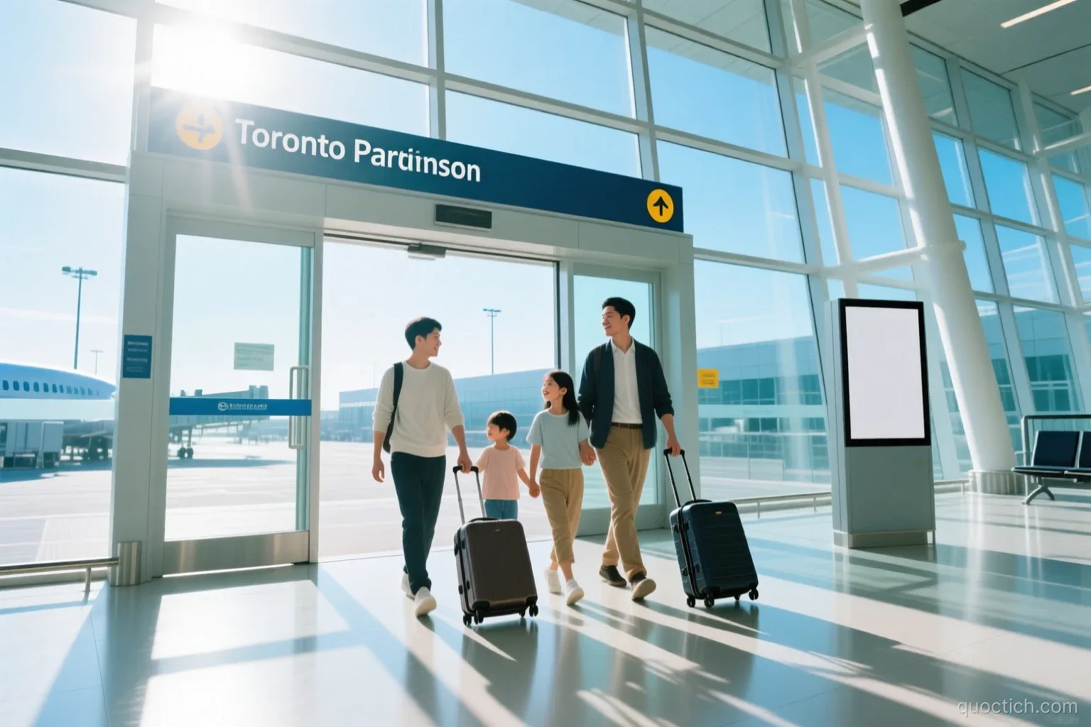Vietnamese family of four with rolling suitcases walking out of the bright glass arrivals hall of Toronto Pearson airport, wide shot, morning sun, fresh blue and white tones