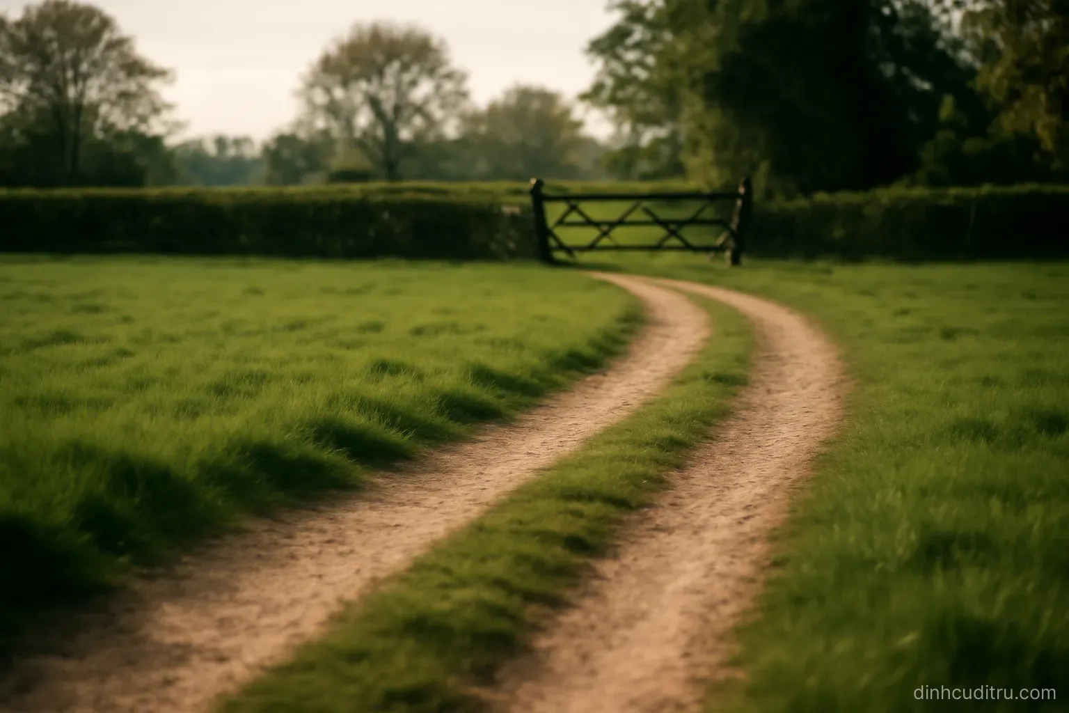 a footpath curving back toward a gate seen from the far side of a field