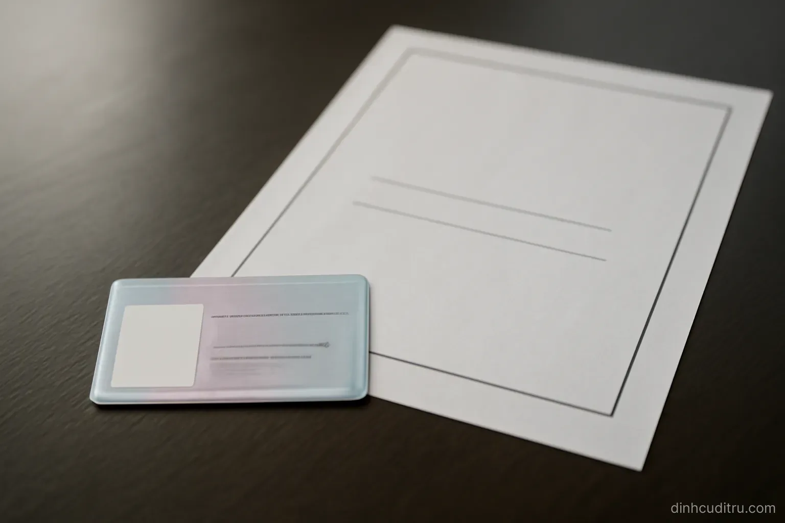 a plastic residence card lying next to an official paper certificate on a dark table