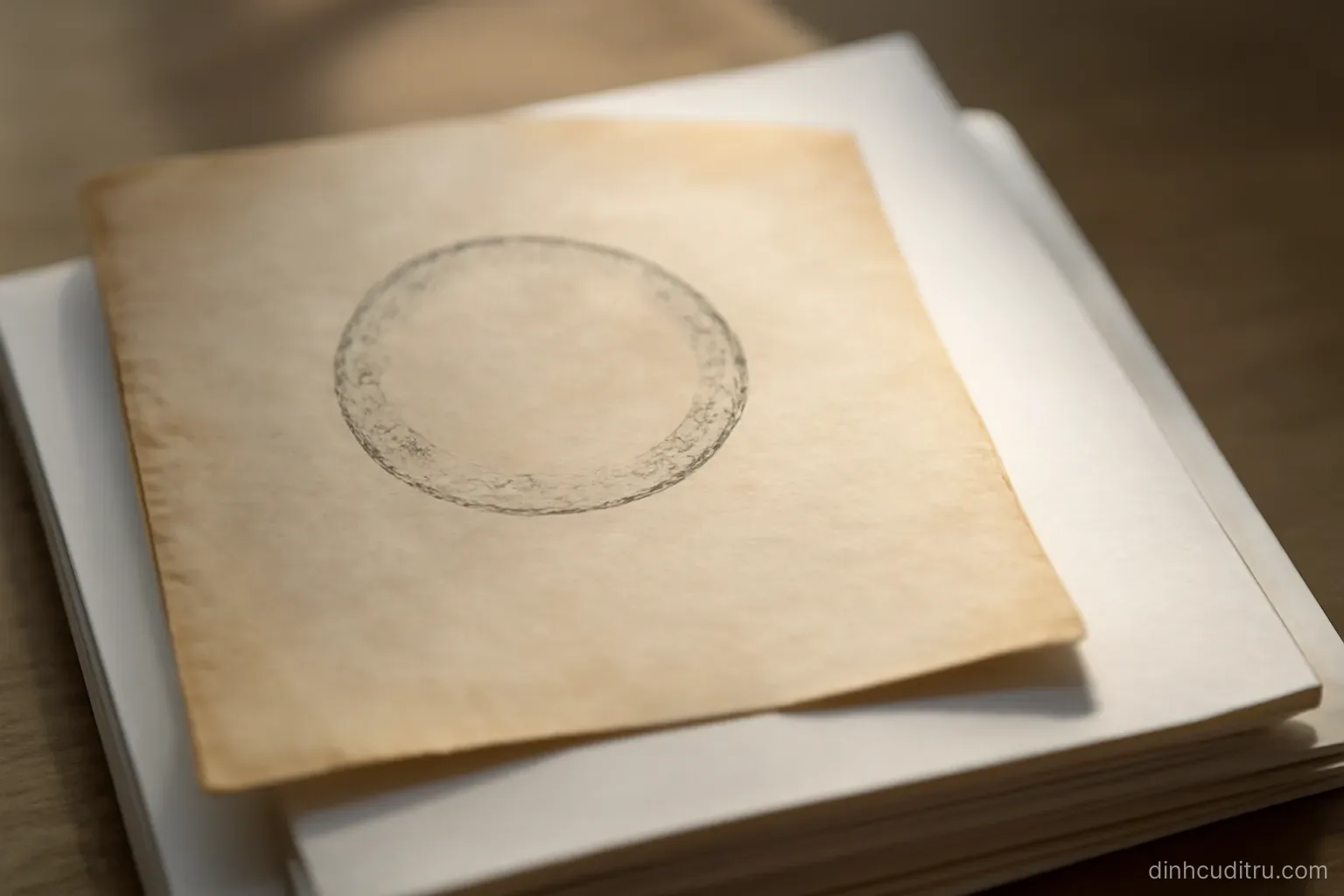 a faded ink stamp mark on an old sheet of paper filed among newer clean pages