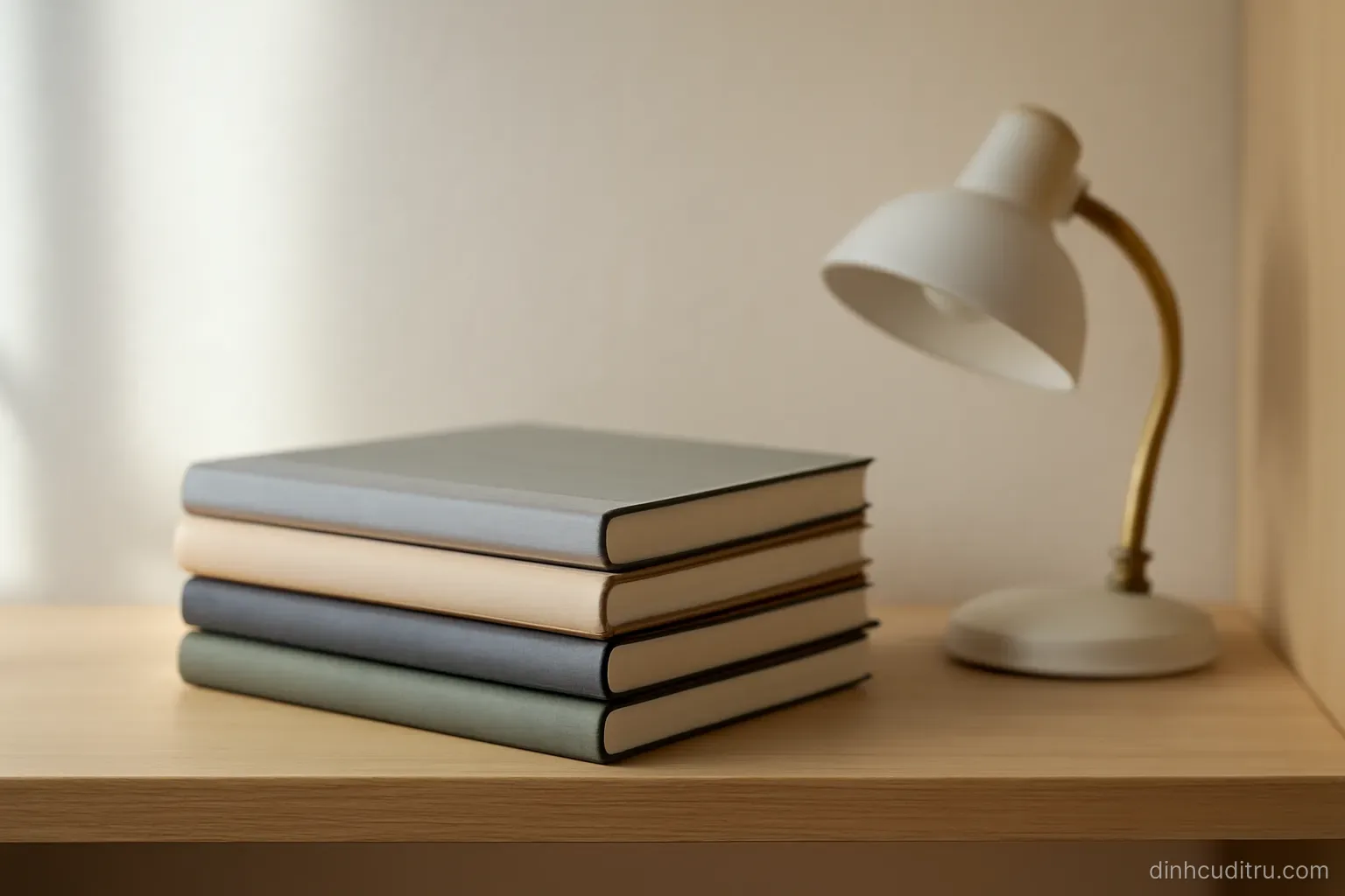 four thin notebooks stacked neatly on a shelf beside a small desk lamp