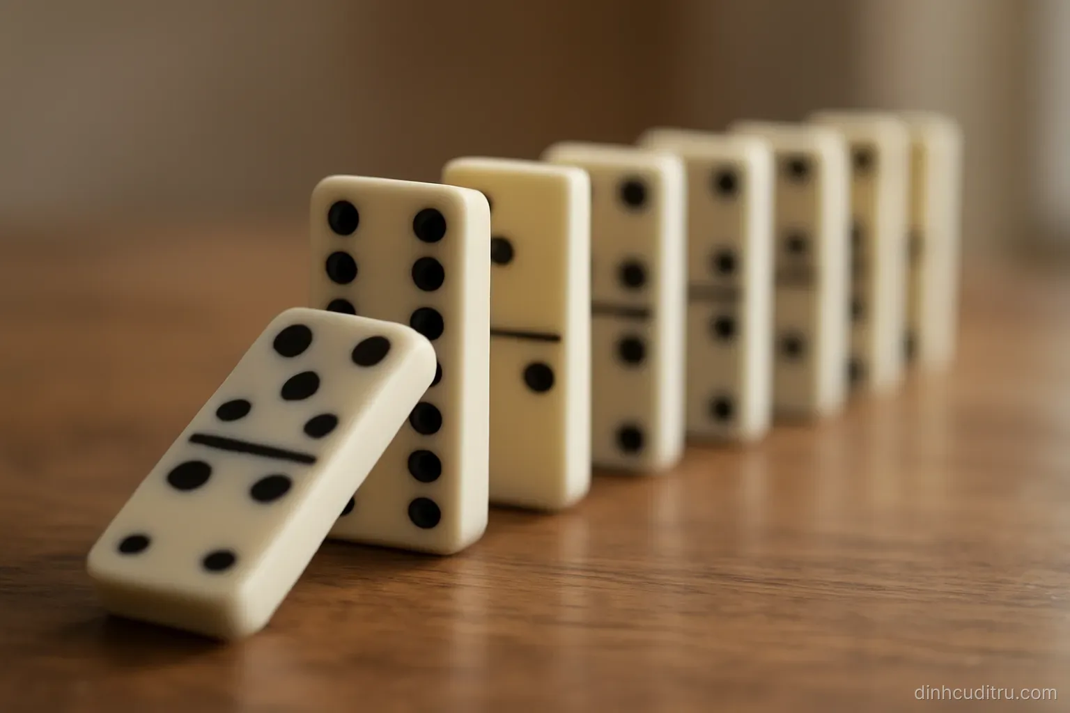 a row of domino tiles standing upright where one tile has fallen against the next but the rest remain steady