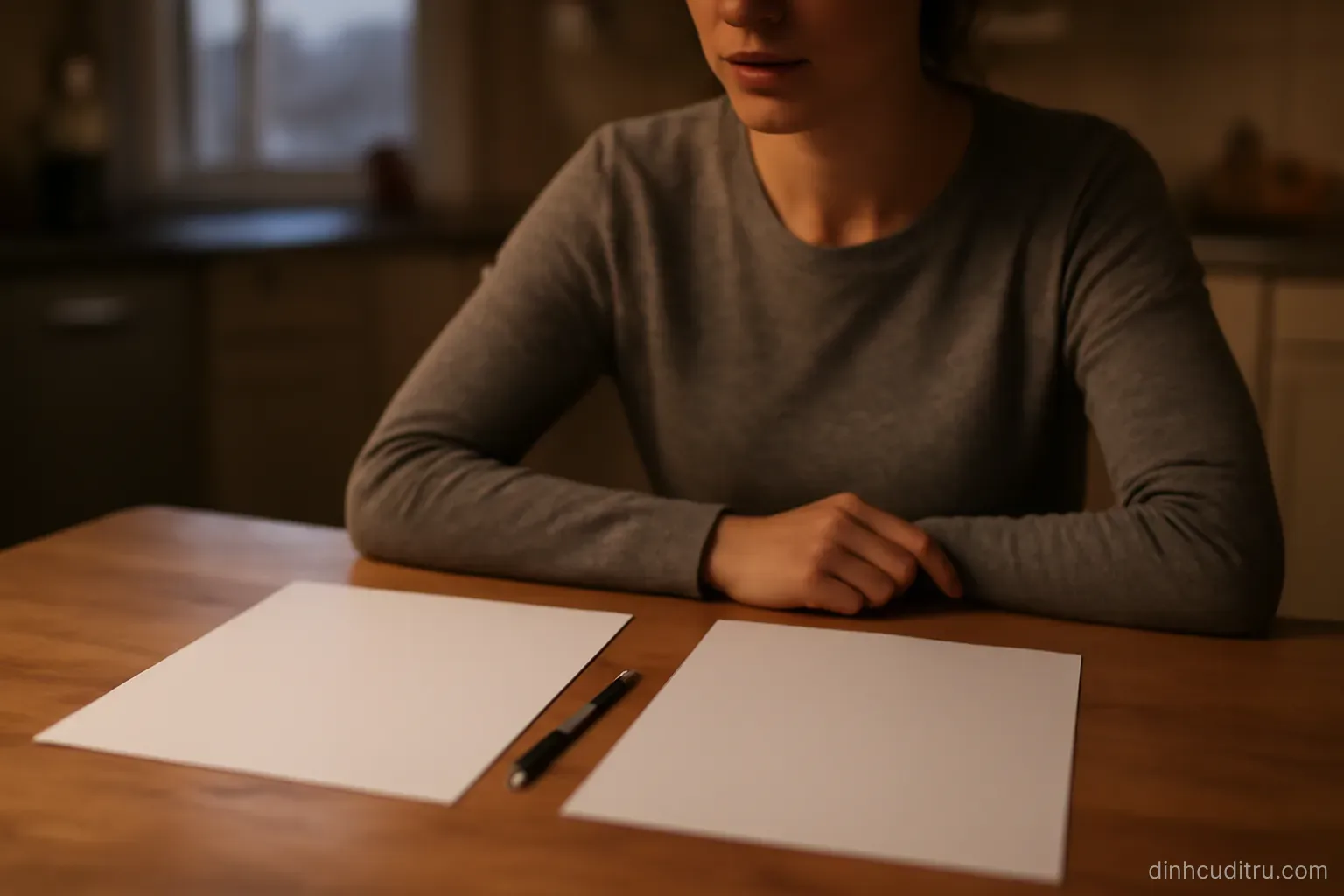a person seated at a kitchen table at dusk with two blank sheets of paper placed side by side and a pen resting between them