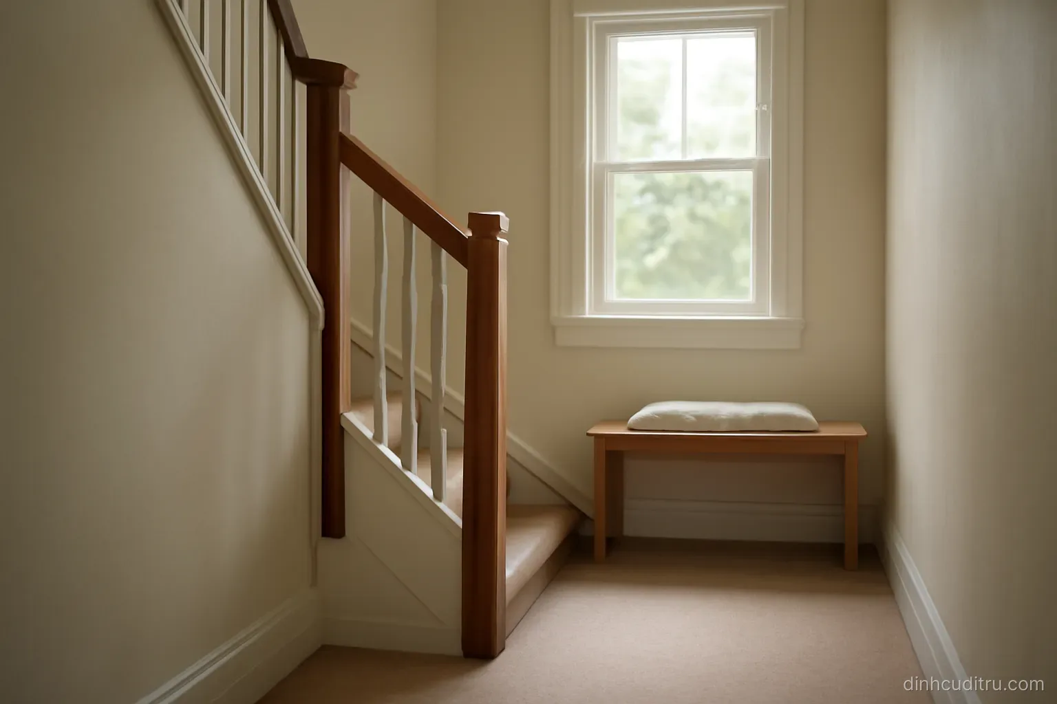 a comfortable landing halfway up a staircase with a window and a small bench