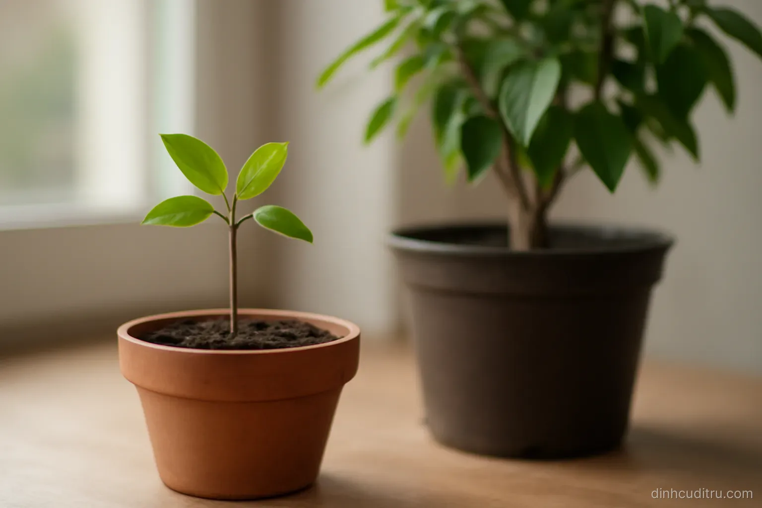 a single sapling planted in its own pot next to a larger established plant