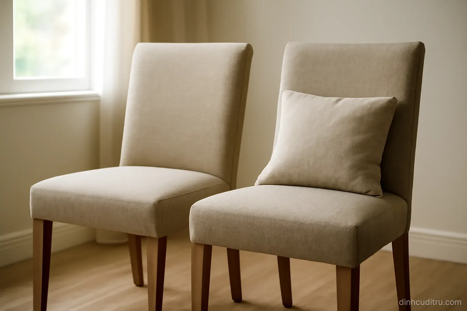 two identical chairs placed side by side with one having a small cushion on it
