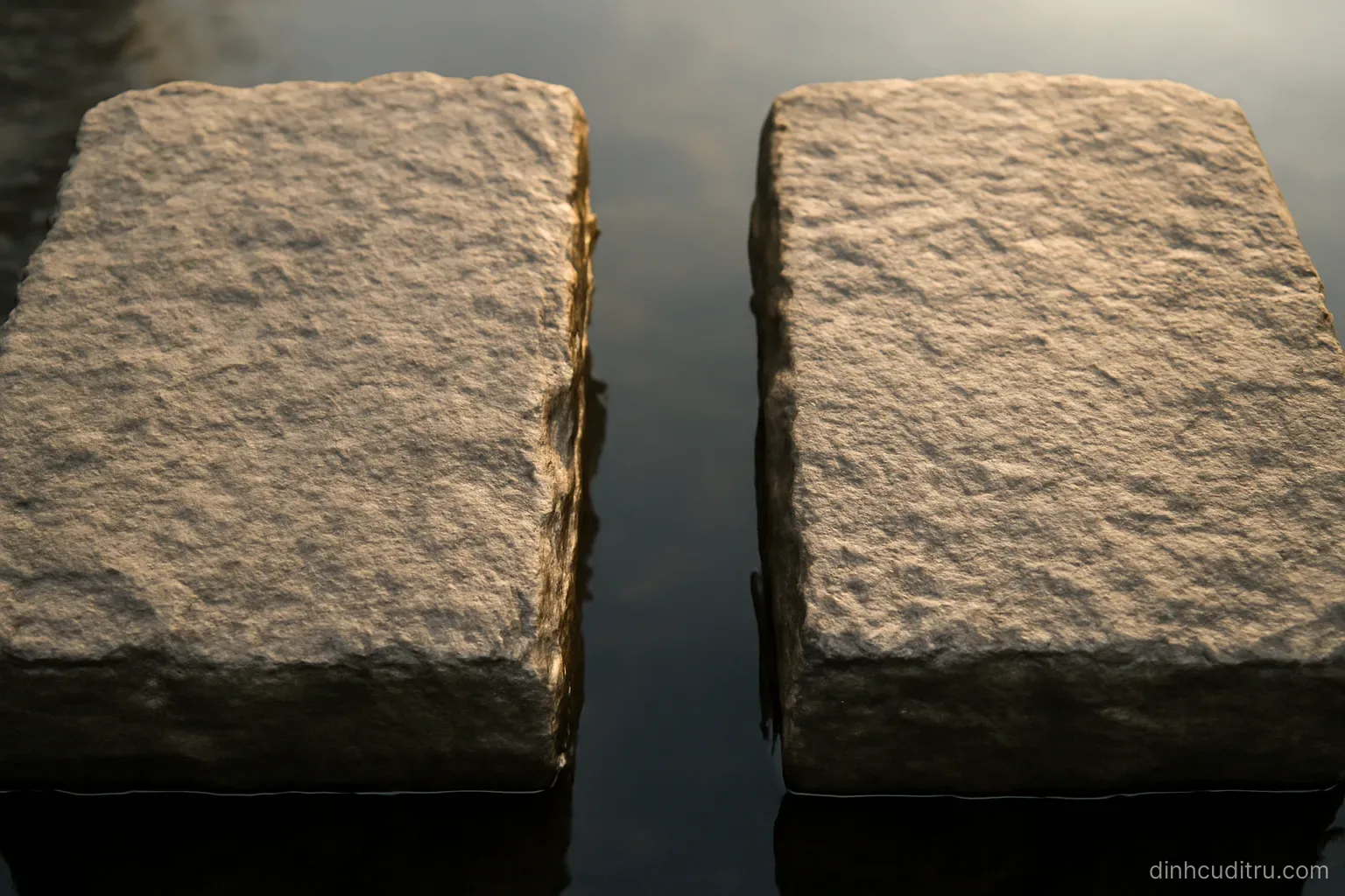a narrow gap between two stone stepping stones over still water, photographed from above with soft morning light