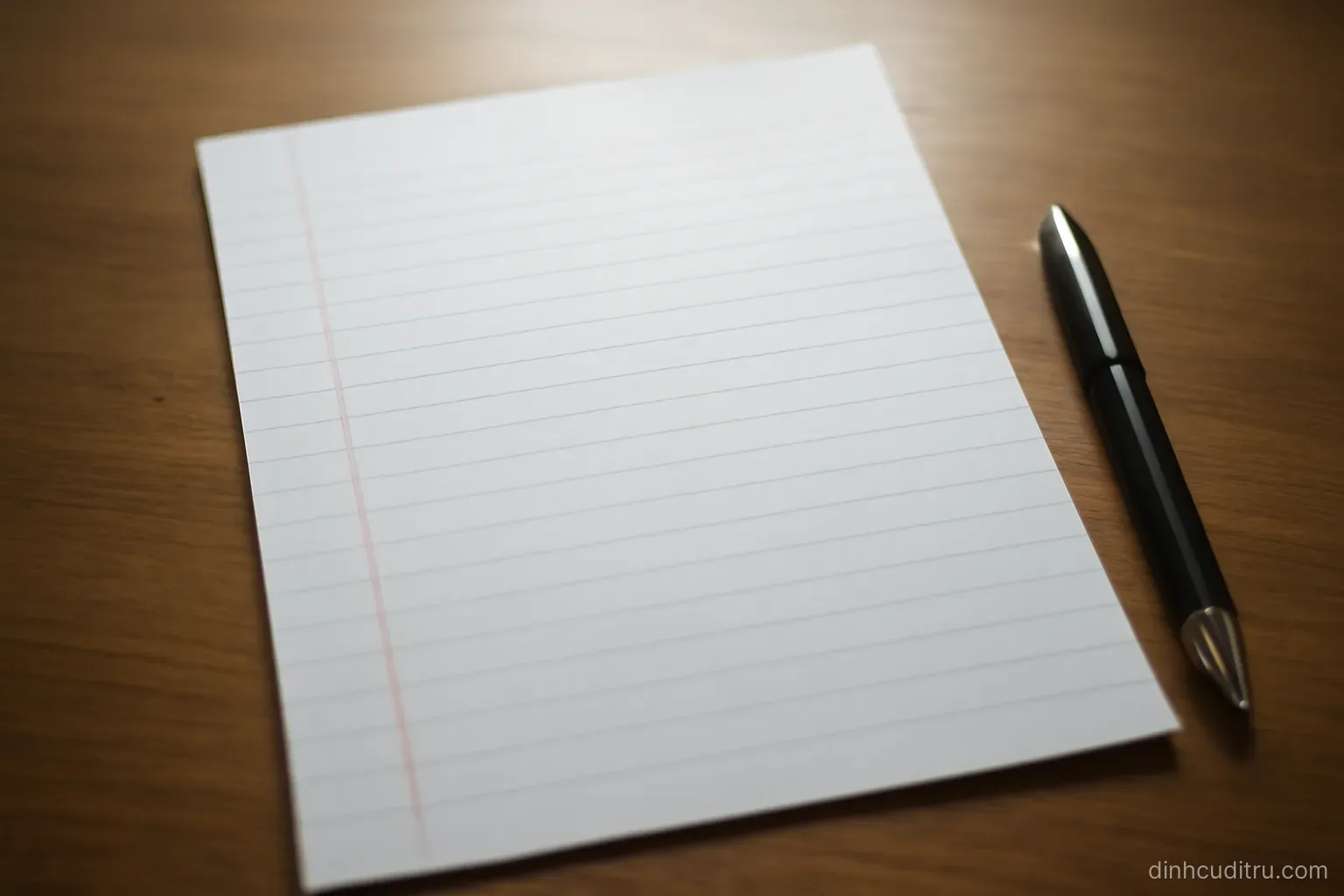 a single sheet of lined paper with five short handwritten lines and a pen beside it