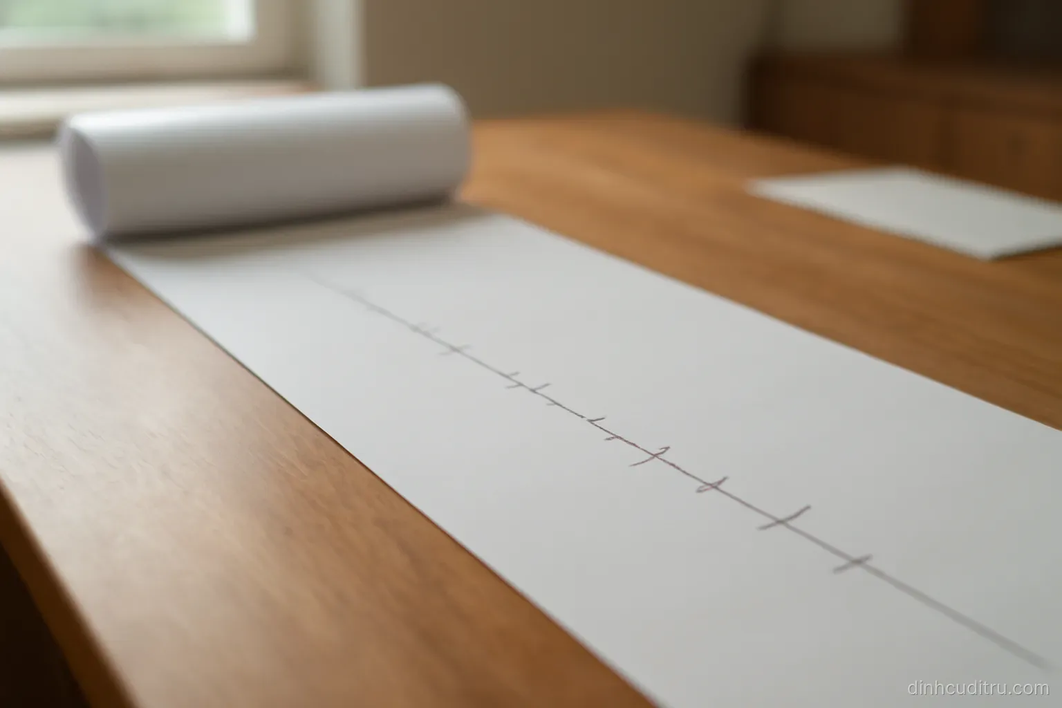 a long sheet of paper unrolled across a table showing a horizontal line with small hand-drawn marks at irregular intervals