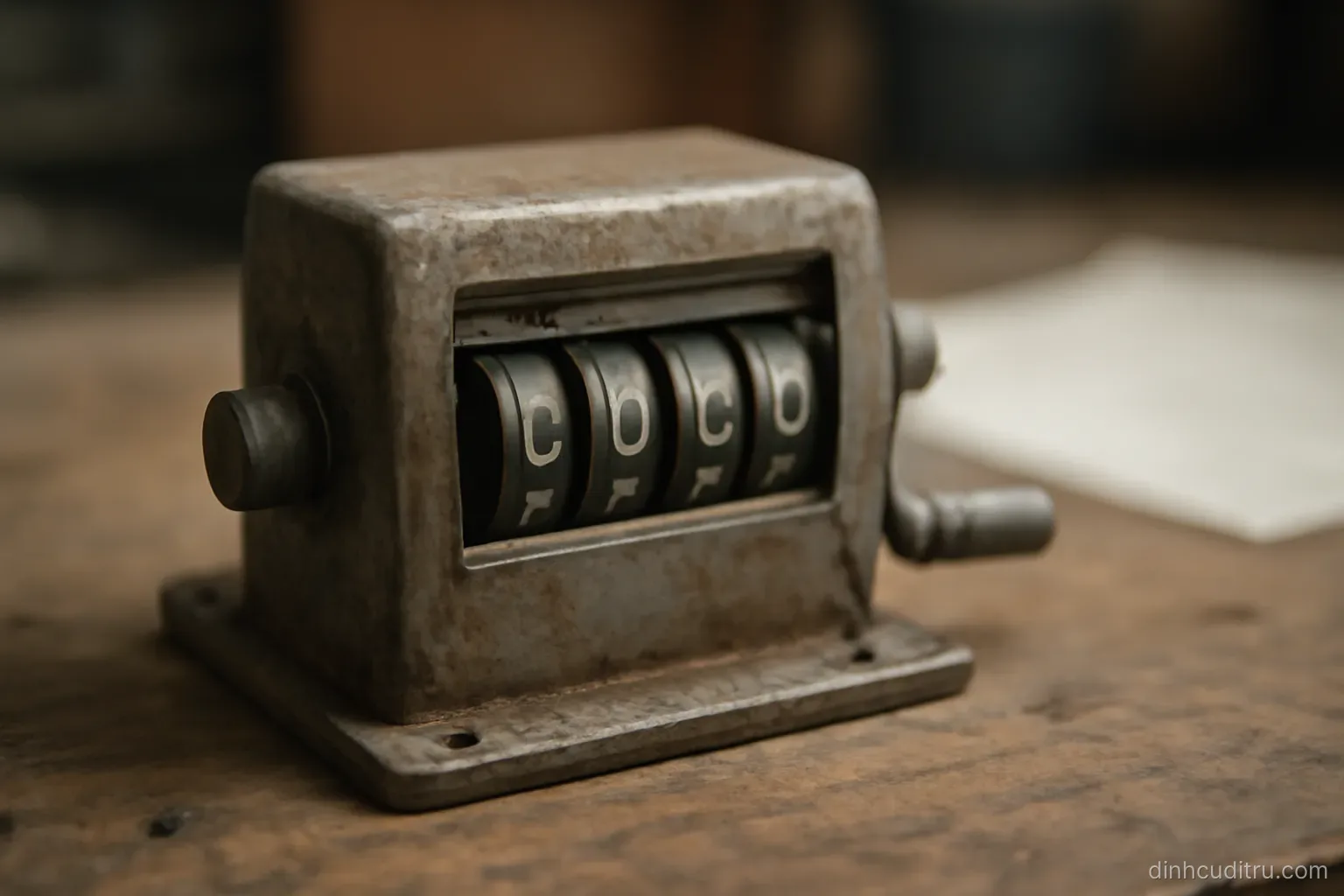 an old mechanical counter on a workshop bench with its number wheels turned away