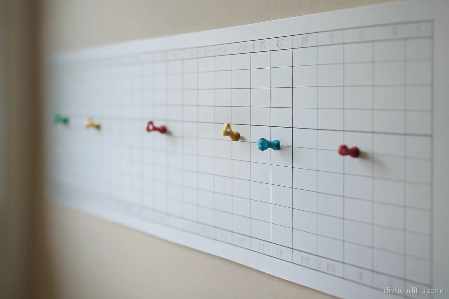 a long wall calendar with several small coloured markers pinned at uneven intervals along a horizontal line, no visible text