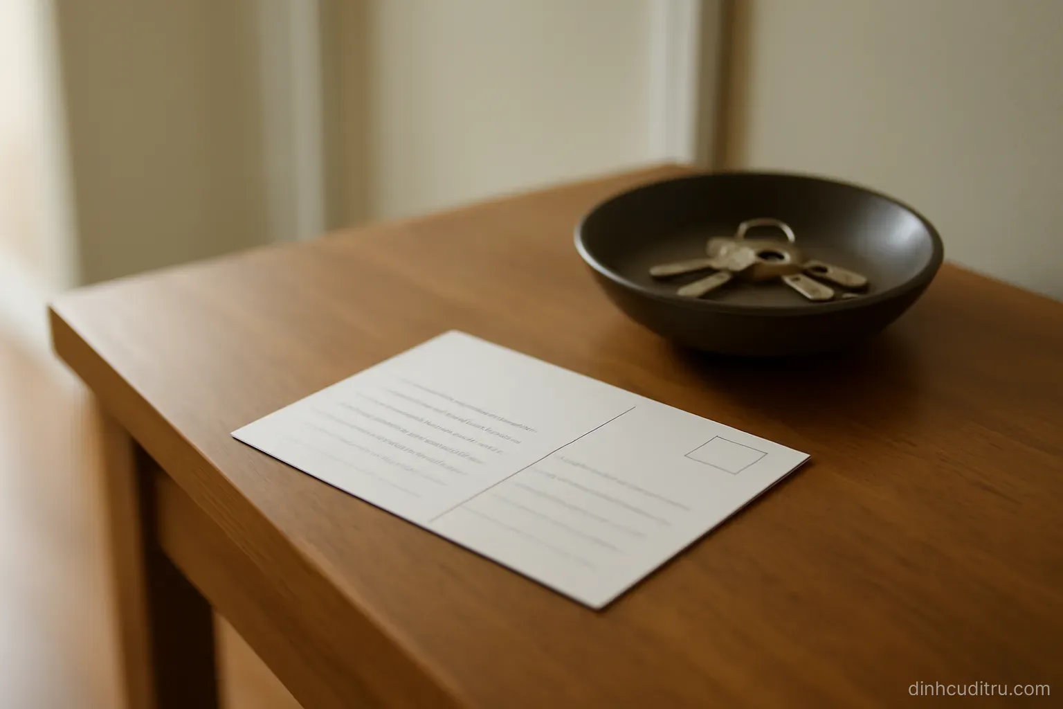 a filled-in change of address card lying face down on a hallway table near a key bowl