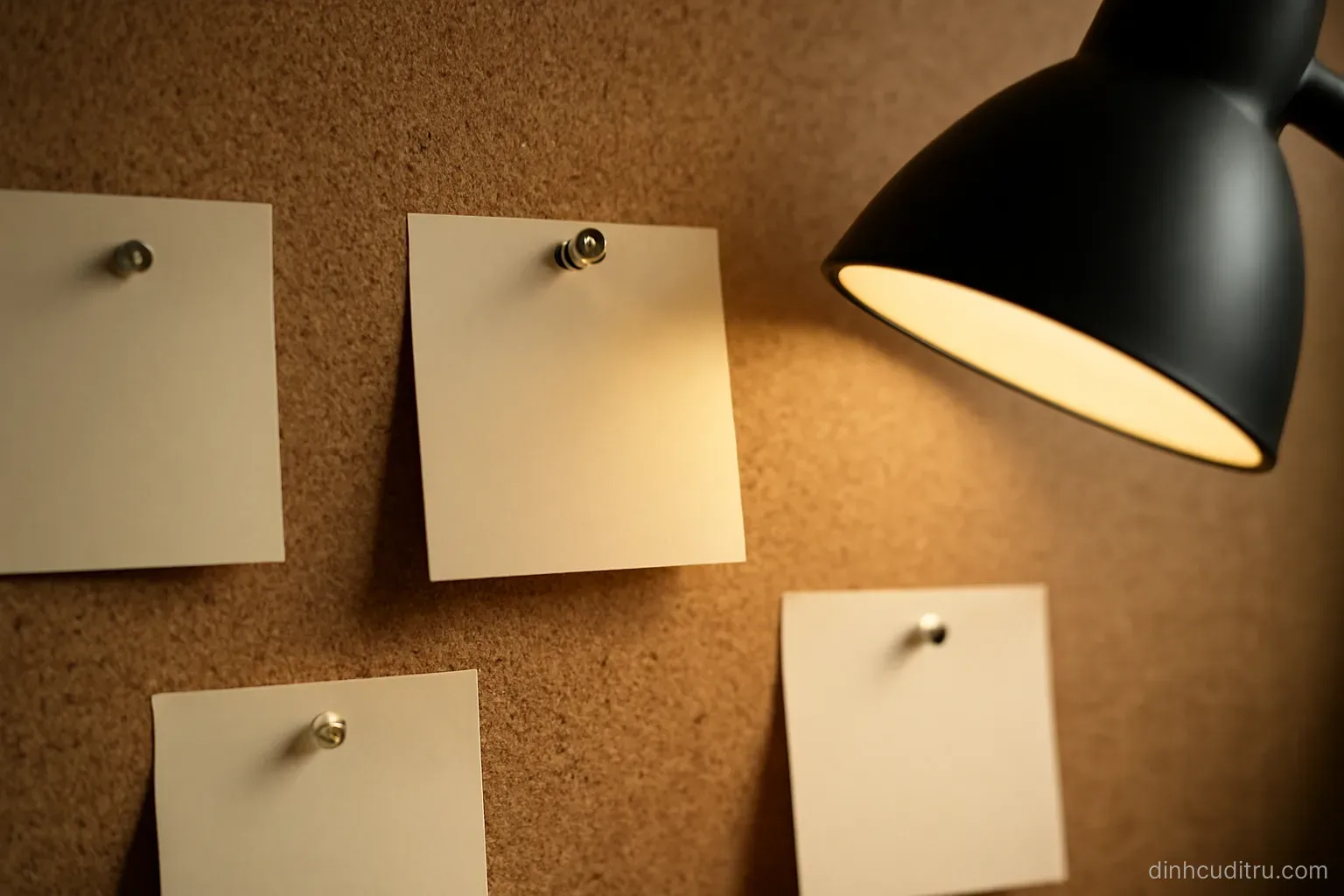 a small paper note pinned to a corkboard next to several other notes, all of them blank, lit by a desk lamp from the side