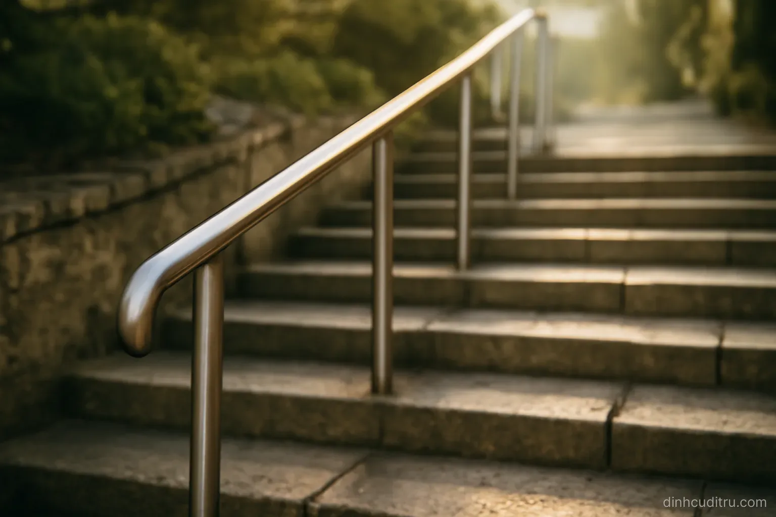 a metal handrail running alongside a flight of outdoor stone steps in early morning light