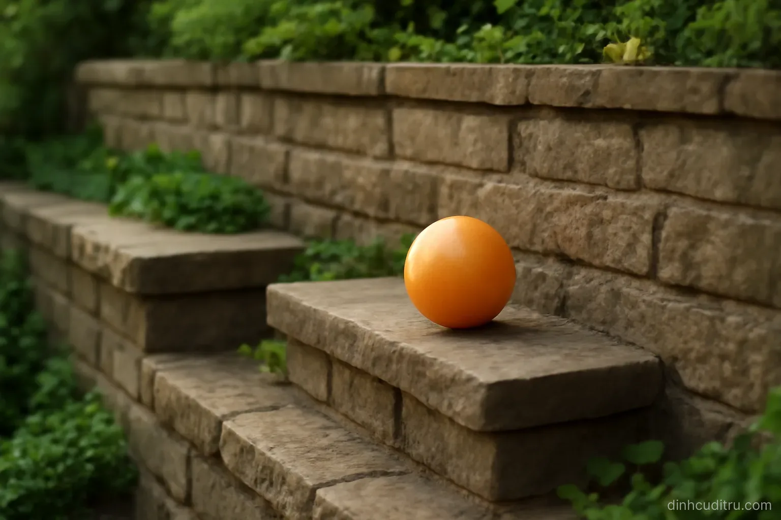 a ball resting on one of several ledges built into a stepped garden wall