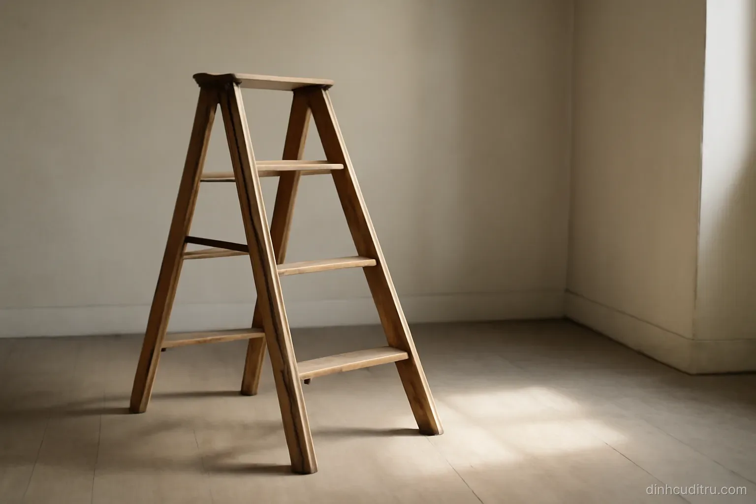 a wooden stepladder standing open in an empty room with light from one side