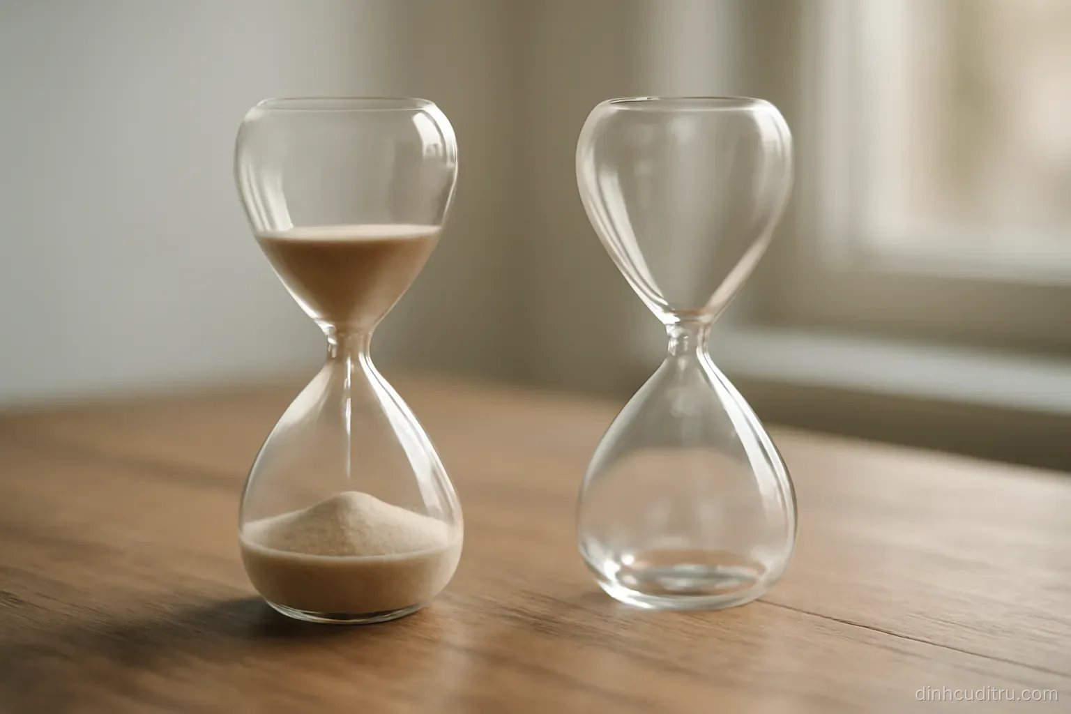 two hourglasses standing side by side on a wooden desk, one nearly full and the other completely empty, soft window light