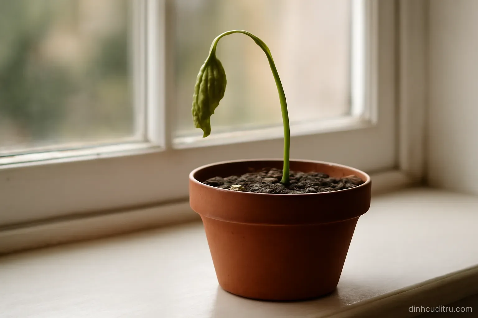 a potted plant on a windowsill with dry soil and one leaf beginning to curl