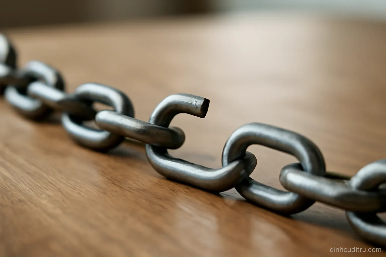 a long chain lying across a table with one open link separating two sections of it