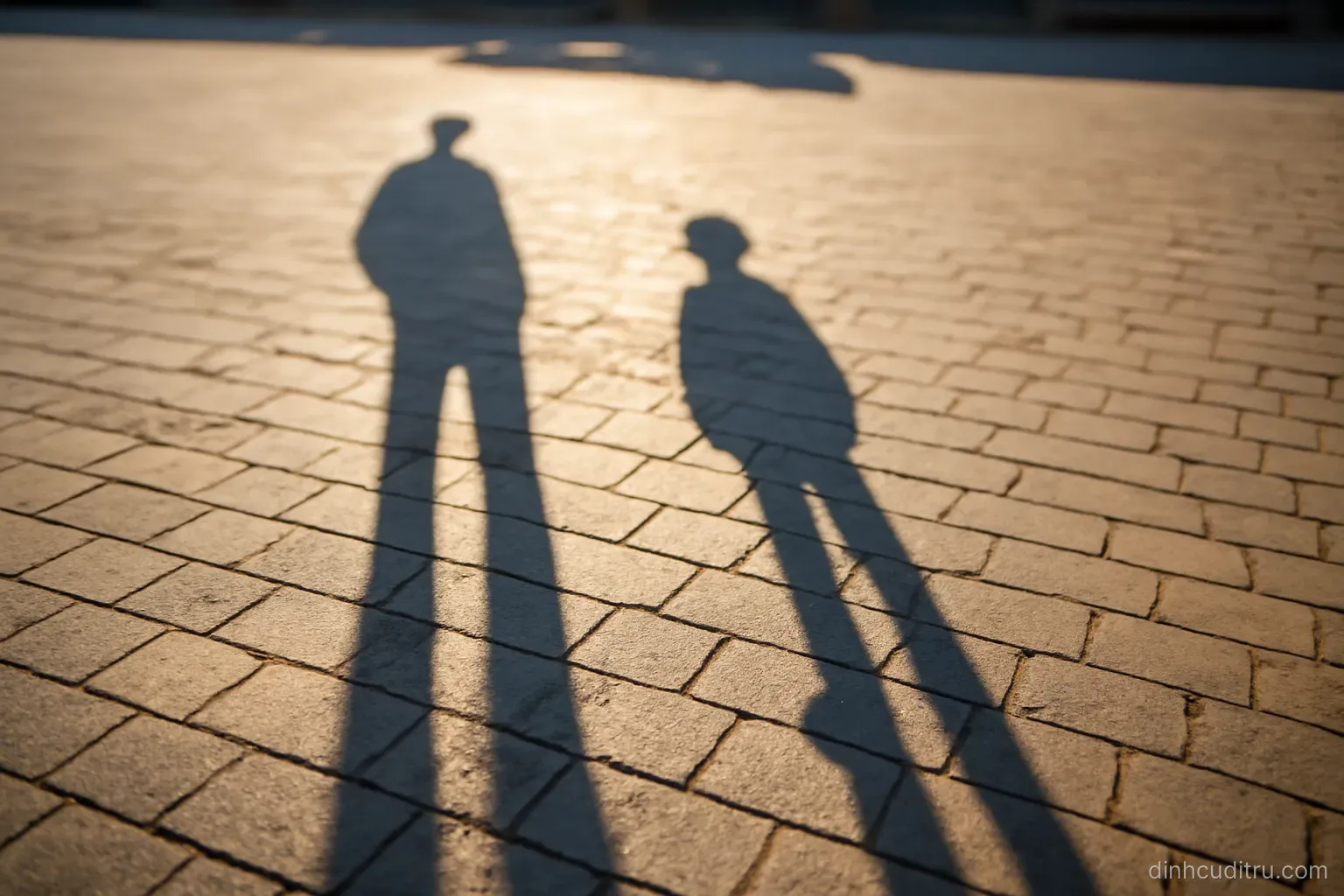 two long shadows cast on a paved courtyard where one clearly extends outward from the other