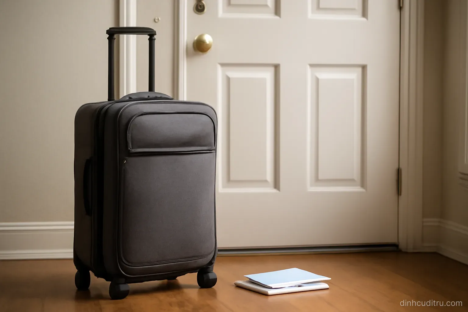 a suitcase standing by a closed front door with a small stack of unopened mail beside it