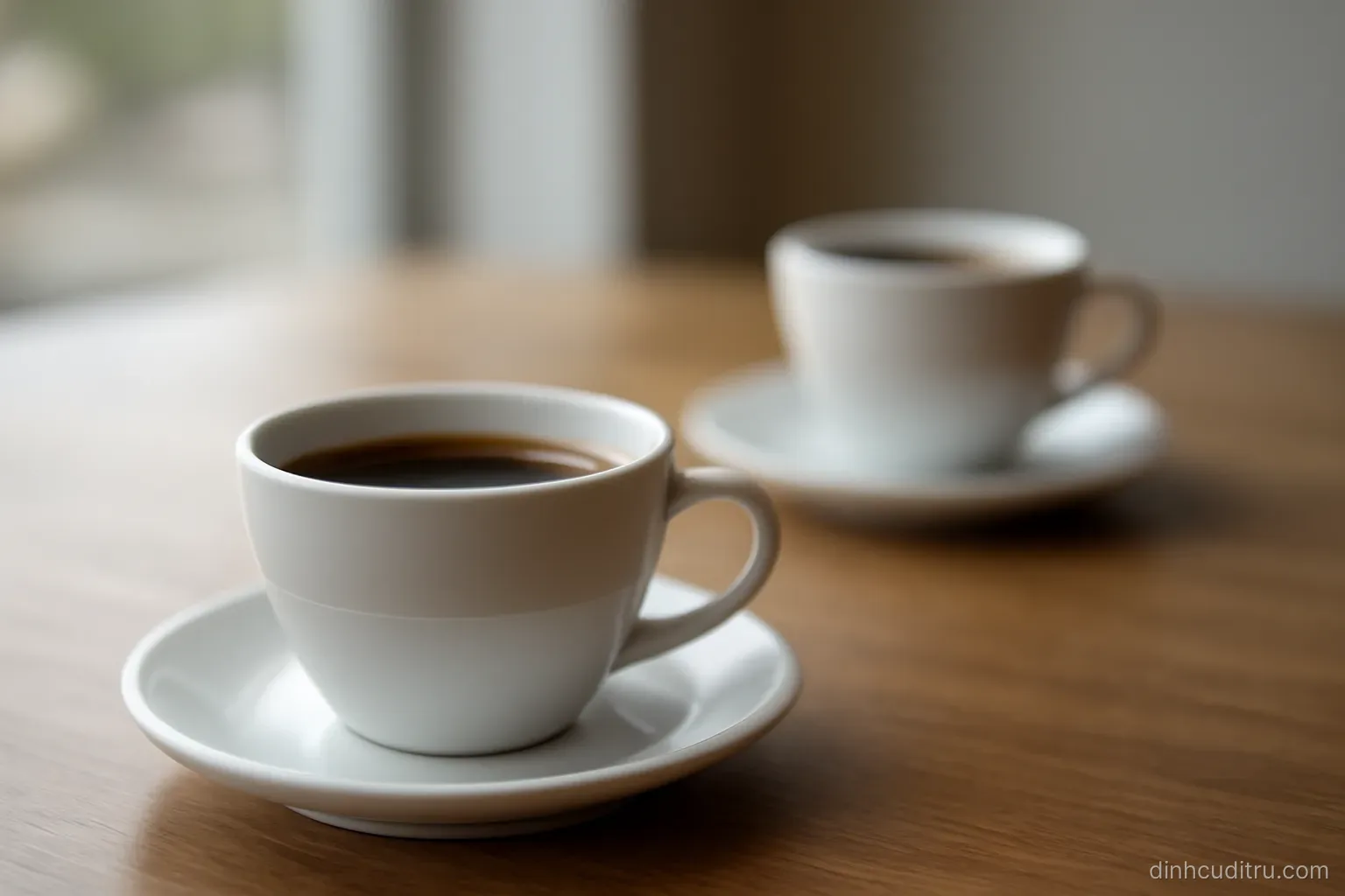 two coffee cups on a table with one pushed noticeably further away than the other