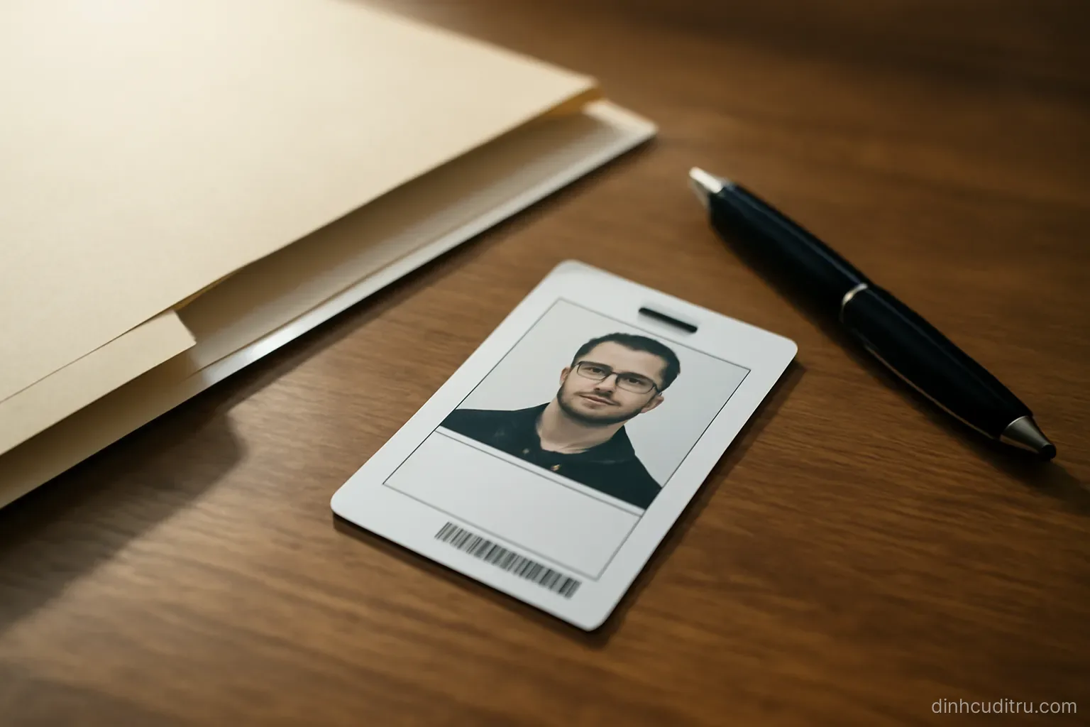 a single identity card lying on a desk beside an open folder and a pen